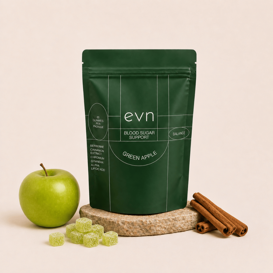 green pouch of gummies with a green apple and cinnamon sticks