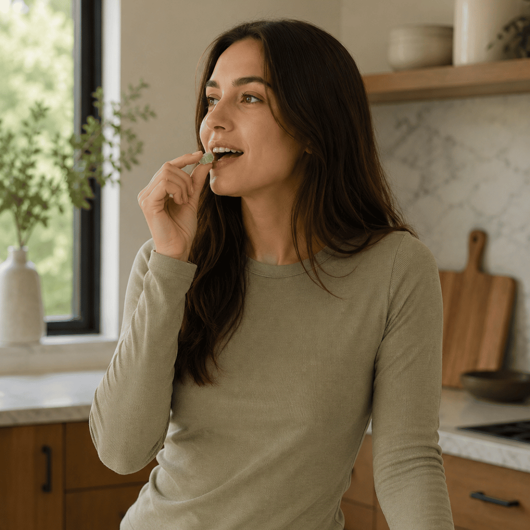 a girl eating a green gummy