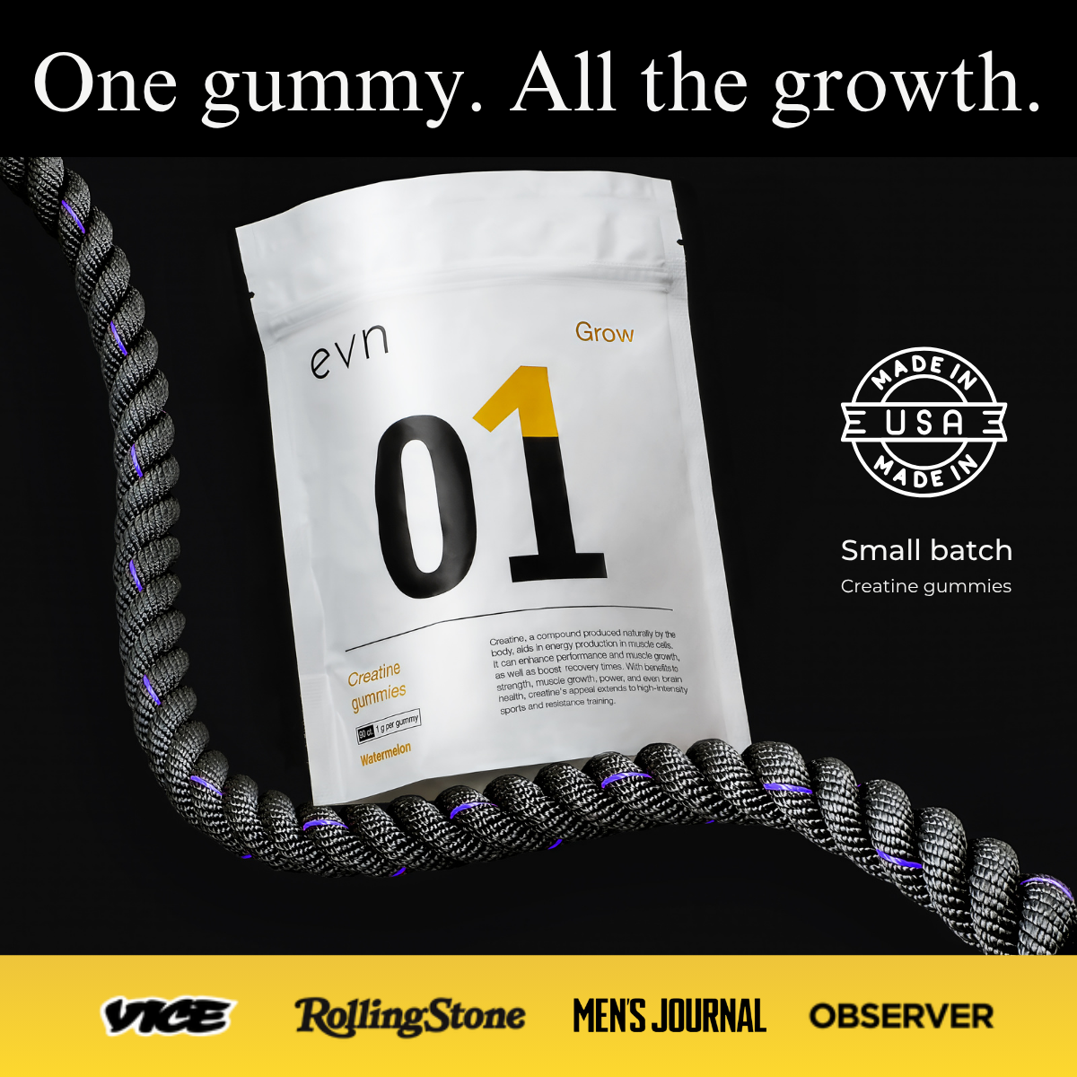 creatine pouch of gummies on a rope